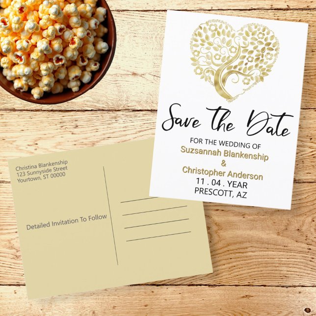 Carte Postale Faire-part Mariage Enregistrer La Date Gold Tree Heart (front and back template save the date postcard)