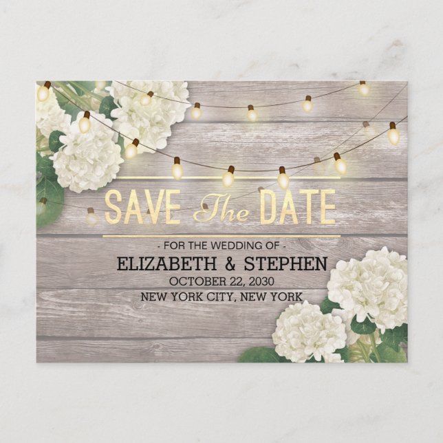 Carte Postale Faire-part Mariage Enregistrer La Date Hydrangea String Light (Devant)