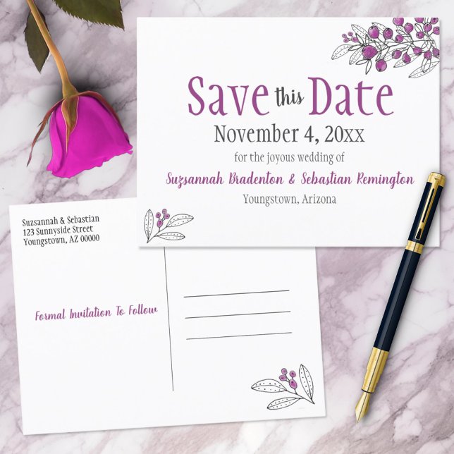 Carte Postale Faire-part Mariage Enregistrer La Date Minimaliste Baies Viol (front and back save the date postcard)