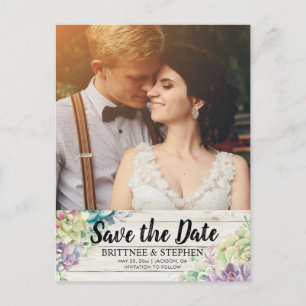 Carte Postale Faire-part Mariage Enregistrer La Date Photo Succulents Bois