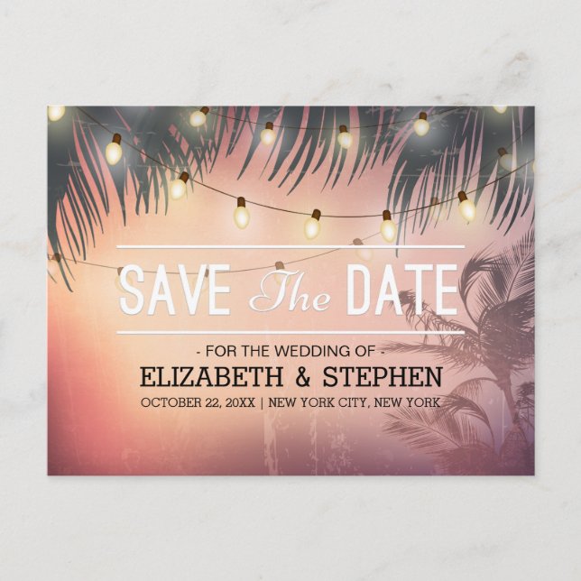Carte Postale Faire-part Mariage Enregistrer La Date Summer Beach Palm Tree (Devant)