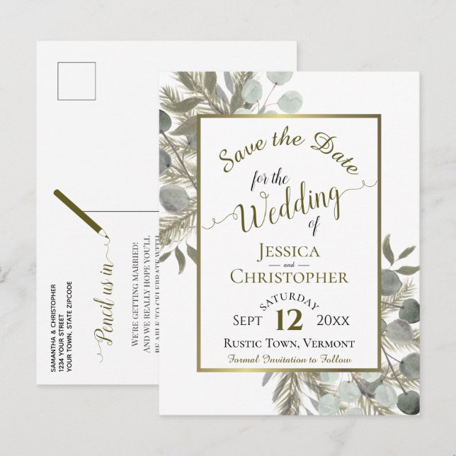 Carte Postale Faire-part Mariage Eucalyptus & Pin Doré Enregistrez la Date (Devant / Derrière)