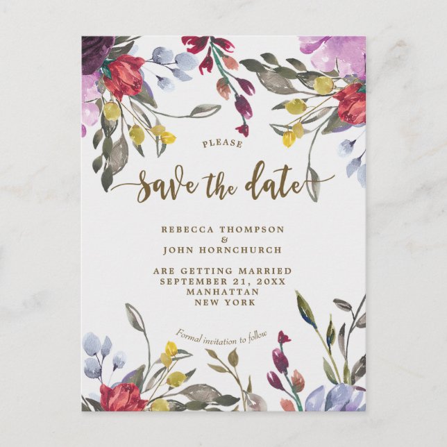 Carte Postale Faire-part mariage fleur sauvage boho enregistrer la date car (Devant)