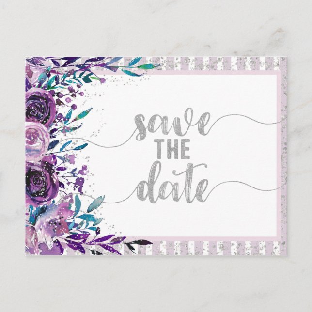 Carte Postale Faire-part Mariage Fleuris Violets & Argent Épargnez la Date (Devant)