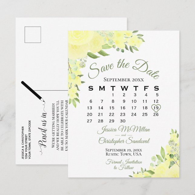 Carte Postale Faire-part Mariage floral Boho jaune Enregistrer le calendrie (Devant / Derrière)
