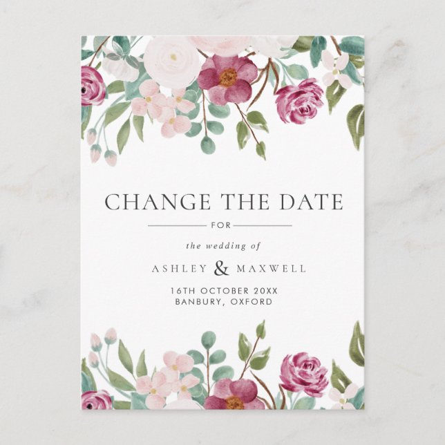 Carte Postale Faire-part Mariage floral Changer la date Bourgogne & Blush (Devant)