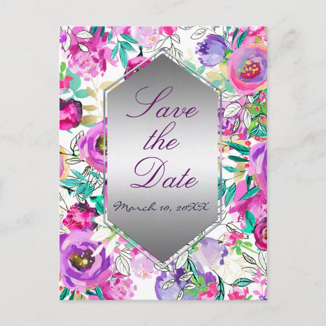 Carte Postale Faire-part Mariage Floral Moderne Rose Violet Enregistrez la  (Devant)