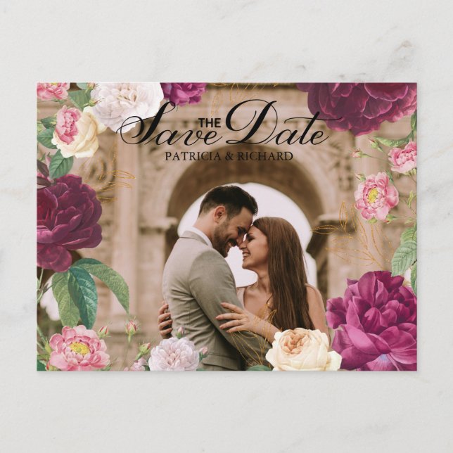 Carte Postale Faire-part Mariage floral vert émeraude et or (Devant)