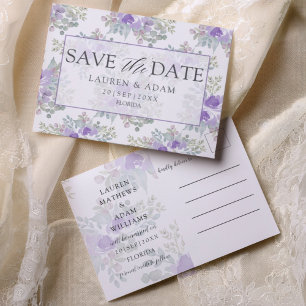 Carte Postale Faire-part Mariage Floral Violet Enregistrez la Date