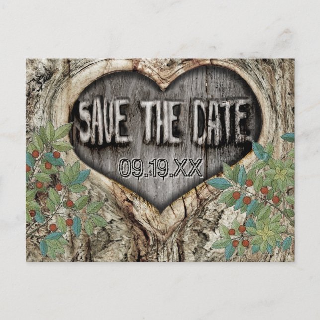 Carte Postale Faire-part Mariage forestier Coeur rustique dans l'arbre Enre (Devant)