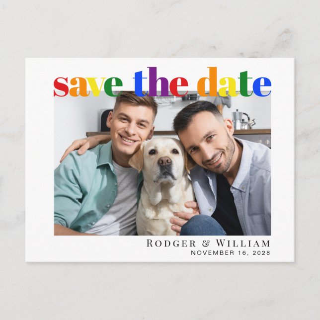 Carte Postale Faire-part Mariage Gay Arc-en-ciel Photo Enregistrer la Date (Devant)