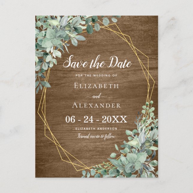 Carte Postale Faire-part Mariage géométrique en bois rustique avec verdure  (Devant)