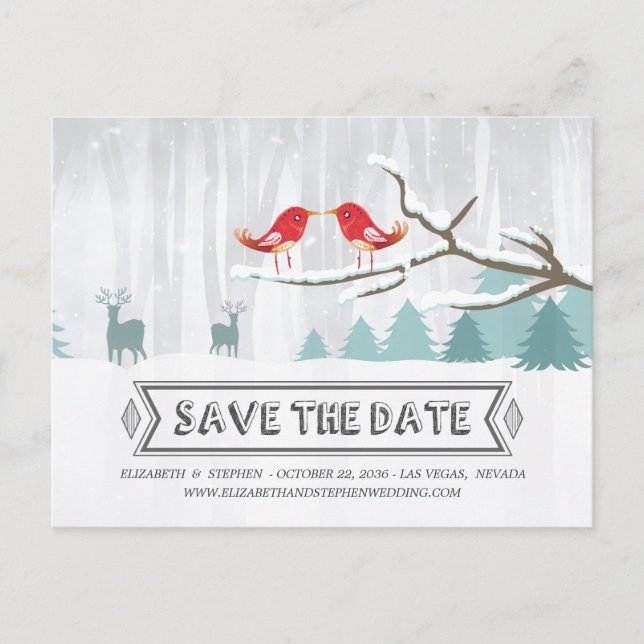 Carte Postale Faire-part Mariage hivernal au pays des merveilles Oiseaux Ce (Devant)