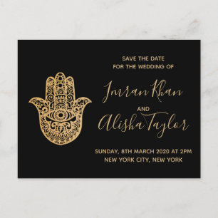 Carte Postale Faire-part Mariage indien Enregistrer la date Gold hamsa Henn