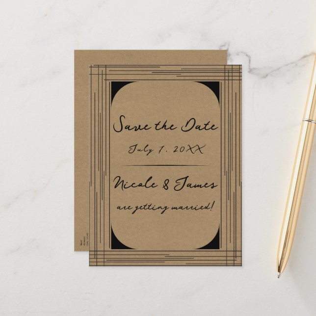 Carte Postale Faire-part Mariage Lignes Modernes Minimales Kraft Noir (Devant/Arrière en situation)
