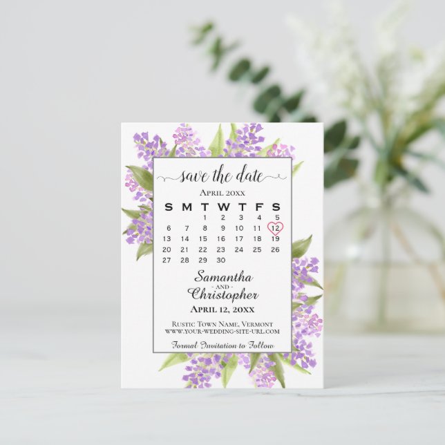 Carte Postale Faire-part Mariage Lilacs rustique Enregistrer la date Calend (Debout devant)