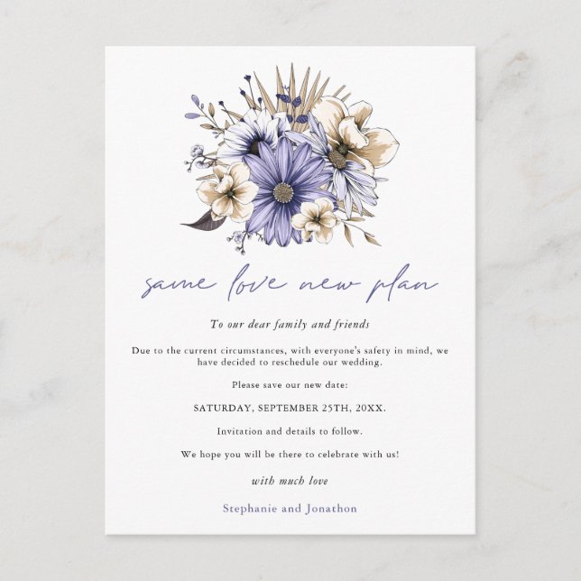 Carte Postale Faire-part Mariage Même Amour Nouveau Projet Date Fleur Pourp (Devant)