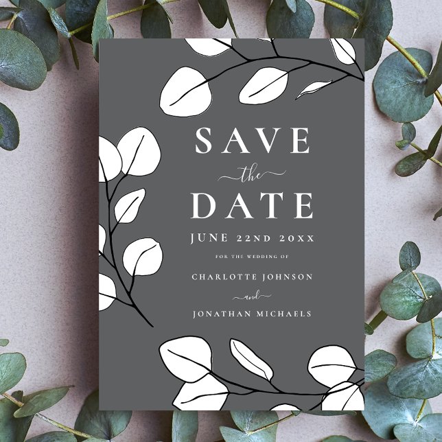 Carte Postale Faire-part Mariage moderne élégant simple feuille gris (Minimalist eucalyptus leaf modern stylish wedding save the date gray invitation postcard)