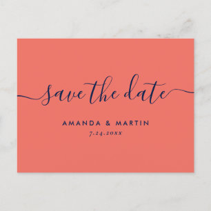 Carte Postale Faire-part Mariage moderne Marine Bleu et Corail Enregistrer 