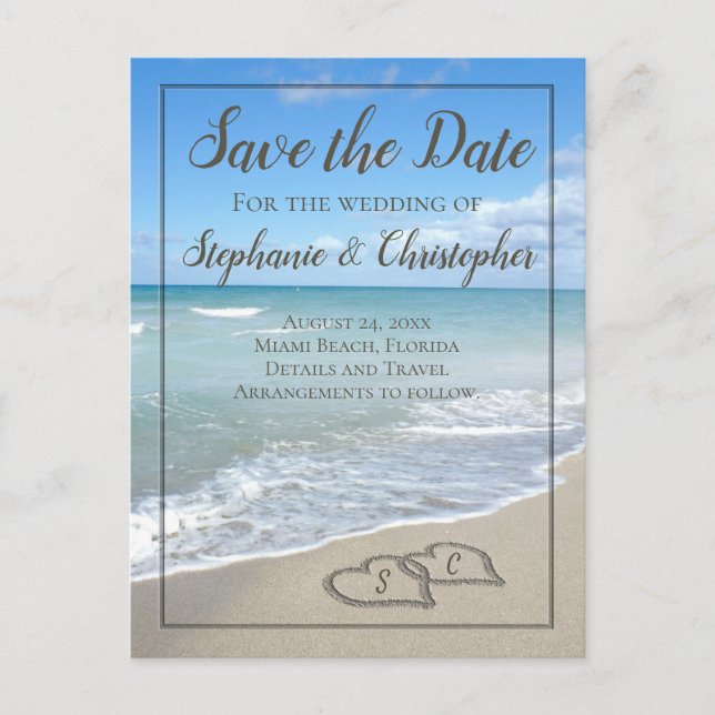 Carte Postale Faire-part Mariage Monogramme Coeurs dans le Sable Enregistre (Devant)