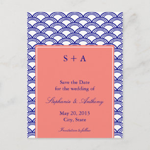 Carte Postale Faire-part Mariage Motif Monogram Navy et Coral Seigaiha