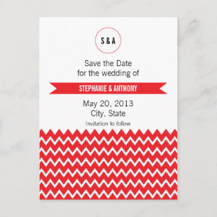 Carte Postale Faire-part Mariage Motif Monogram Red et White Chevron
