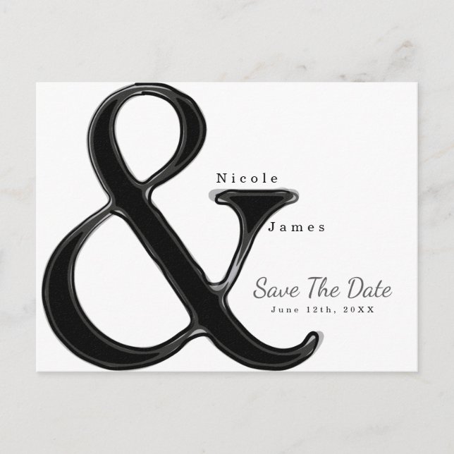 Carte Postale Faire-part Mariage Noir & Blanc Ampersand Économisez la Date (Devant)