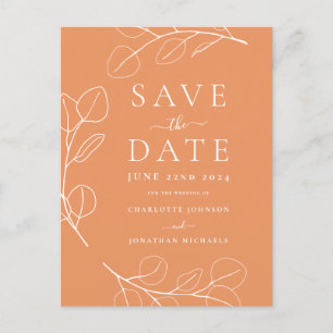 Carte Postale Faire-part Mariage Orange Feuilles Simples Élégantes