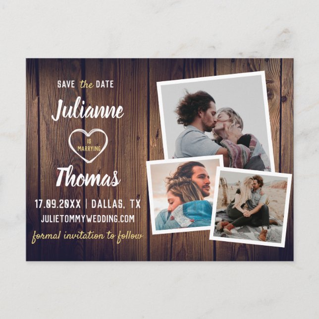 Carte Postale Faire-part Mariage pas cher avec collage photo en bois rustiq (Devant)