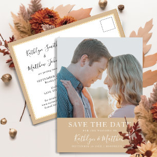 Carte Postale Faire-part Mariage photo de typographie moderne beige poussié