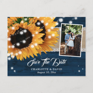Carte Postale Faire-part Mariage Photo Tournesol Bois Bleu Marine