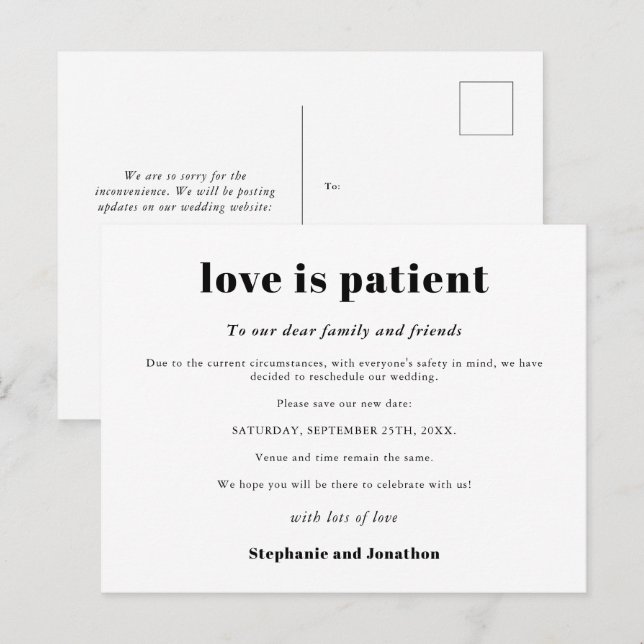 Carte Postale Faire-part Mariage reporté L'amour est patient Sauver nouvell (Devant / Derrière)