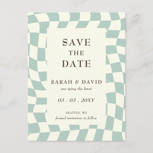 Carte Postale Faire-part Mariage Retro Super Green Checkerboard (Devant)