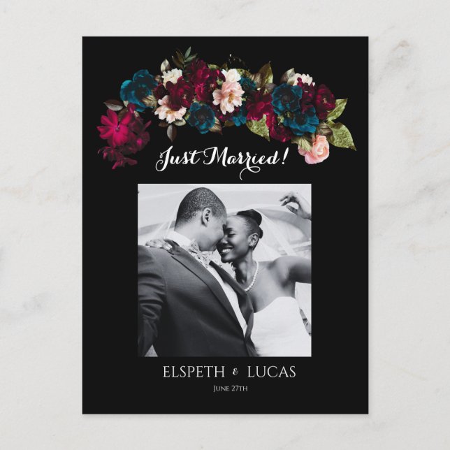Carte Postale Faire-part Mariage romantique aux fleurs noires, bordeaux et  (Devant)