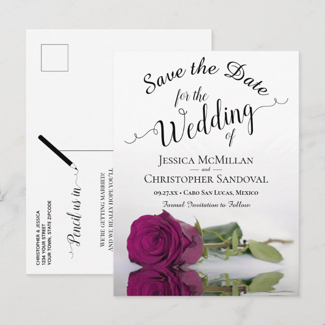 Carte Postale Faire-part Mariage Romantique Magenta Baie Rose Enregistrez l (Devant / Derrière)