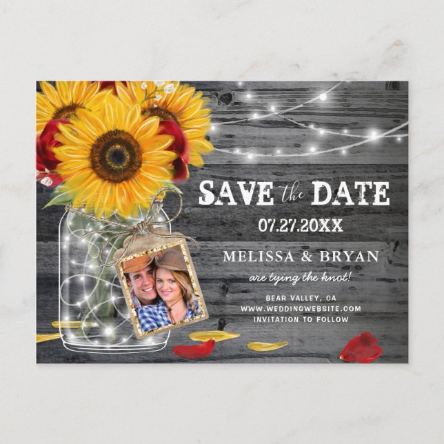 Carte Postale Faire-part Mariage Rose de tournesol rustique Photo Enregistr (Devant)