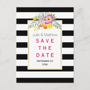 Carte Postale Faire-part Mariage rose fleurs & rayures Enregistrer la date