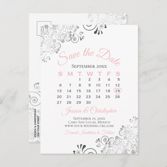 Carte Postale Faire-part Mariage rose, gris et blanc Enregistrer le calendr (Devant / Derrière)