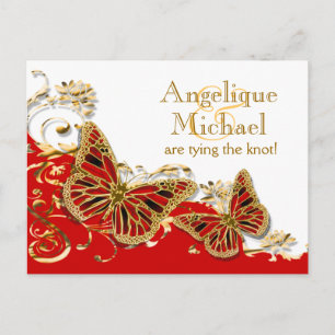 Carte Postale Faire-part Mariage rouge de papillon d'or blanc