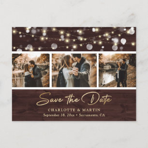 Carte Postale Faire-part Mariage Rustic Wood Gold Photo Enregistrer La Date
