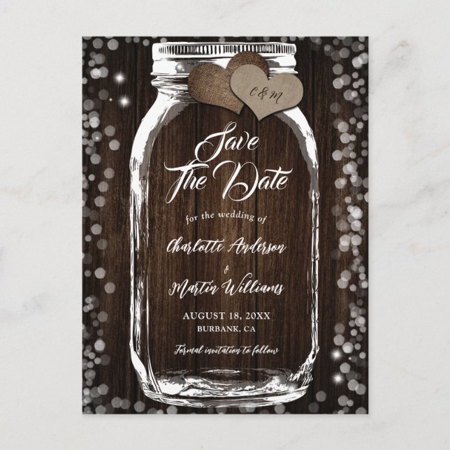 Carte Postale Faire-part Mariage rustique campagne en bois et pot Mason (Devant)