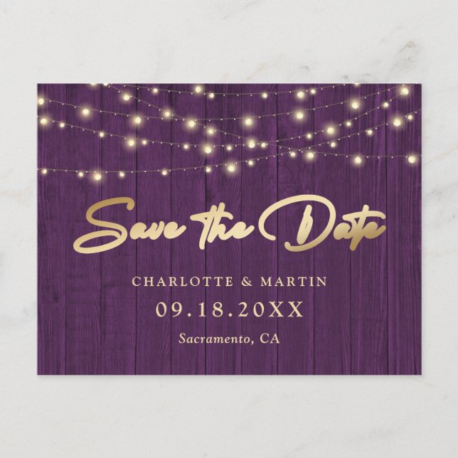 Carte Postale Faire-part Mariage Rustique Chic Purple Bois Sauver La Date (Devant)