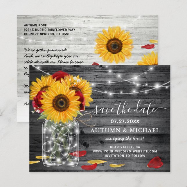 Carte Postale Faire-part Mariage rustique de tournesol rose rouge Enregistr (Devant / Derrière)
