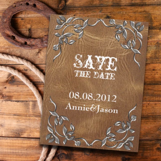 Carte Postale Faire-part mariage rustique en cuir occidental enregistrer la (rustic Western Leather Wedding save the date Announcement Postcard)