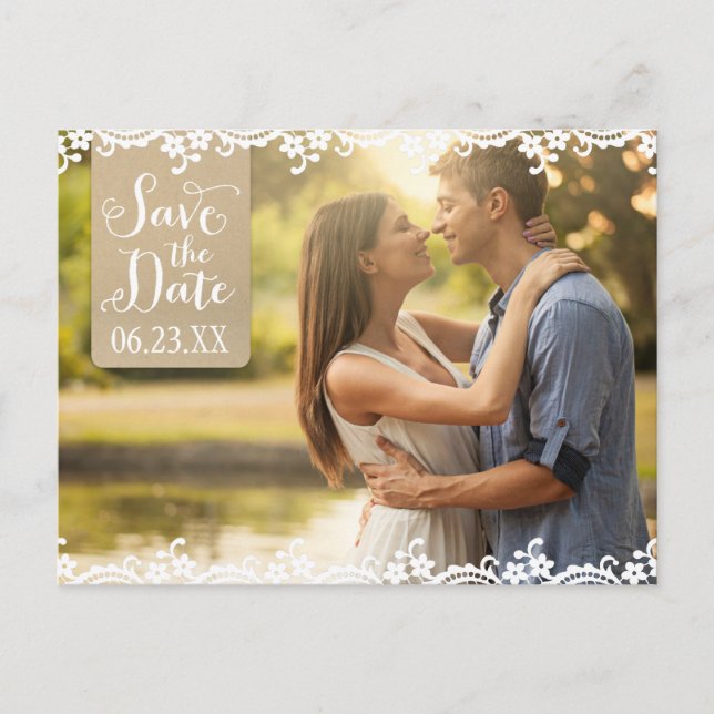 Carte Postale Faire-part Mariage Rustique Kraft et Dentelle Photo Enregistr (Devant)