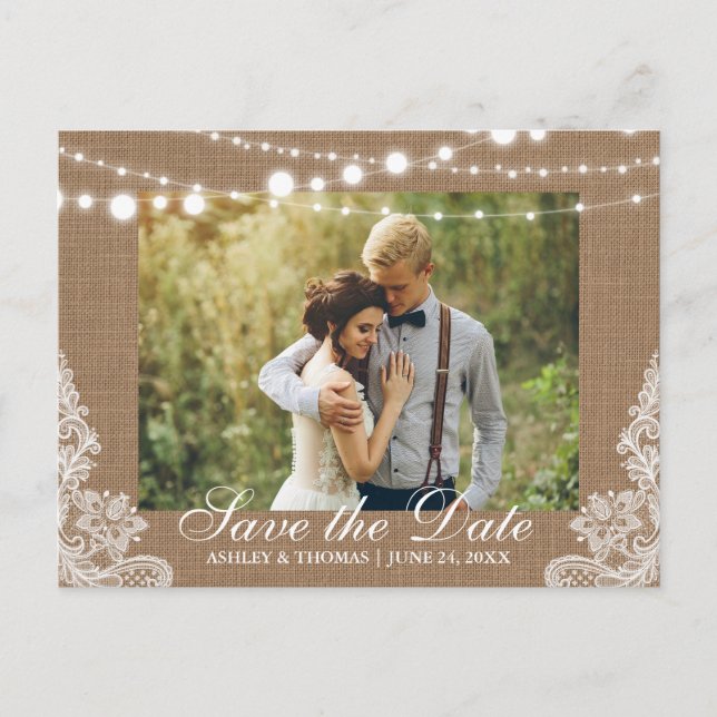 Carte Postale Faire-part Mariage Rustique Lumières de Burlap Dentelle Éparg (Devant)