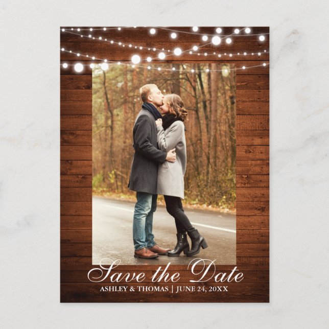 Carte Postale Faire-part Mariage Rustique Lumières en Bois Save the Date (Devant)