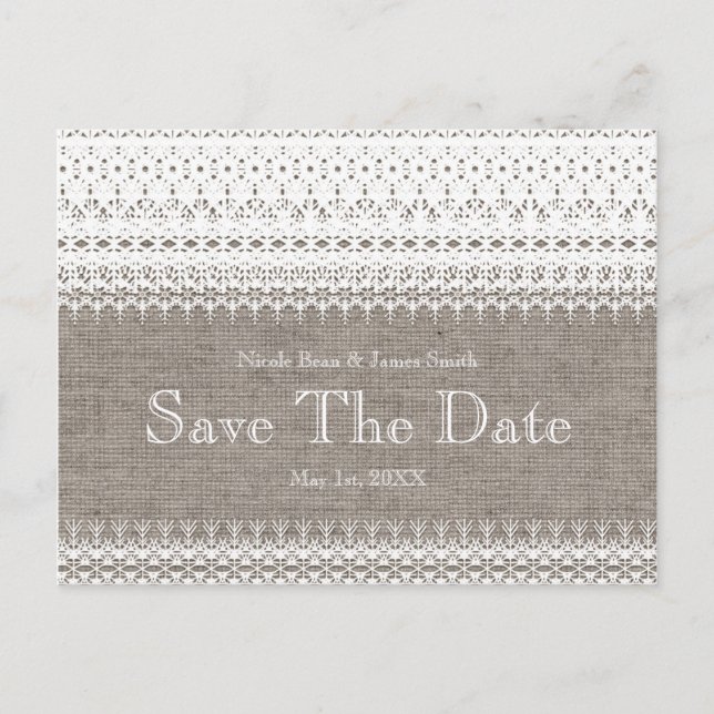 Carte Postale Faire-part Mariage Rustique Toile de Jute & Dentelle Élégante (Devant)