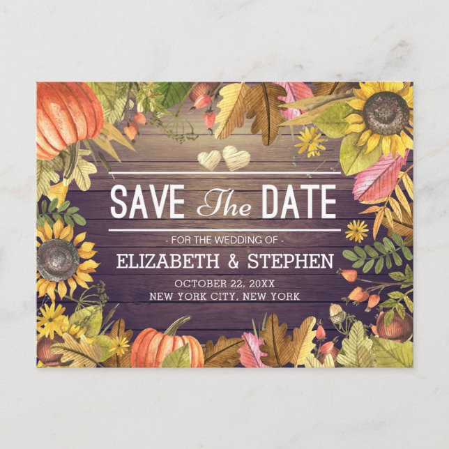Carte Postale Faire-part Mariage Sauvegarder La Date Automne Feuilles Bois  (Devant)