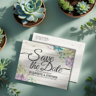 Carte Postale Faire-part Mariage Sauver La Date Plantes Succulentes Bois Ru